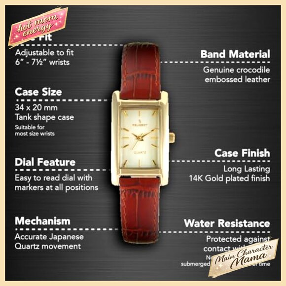14K Gold Plated Rectangular Watch with Leather Band, Quartz Movement main image 5